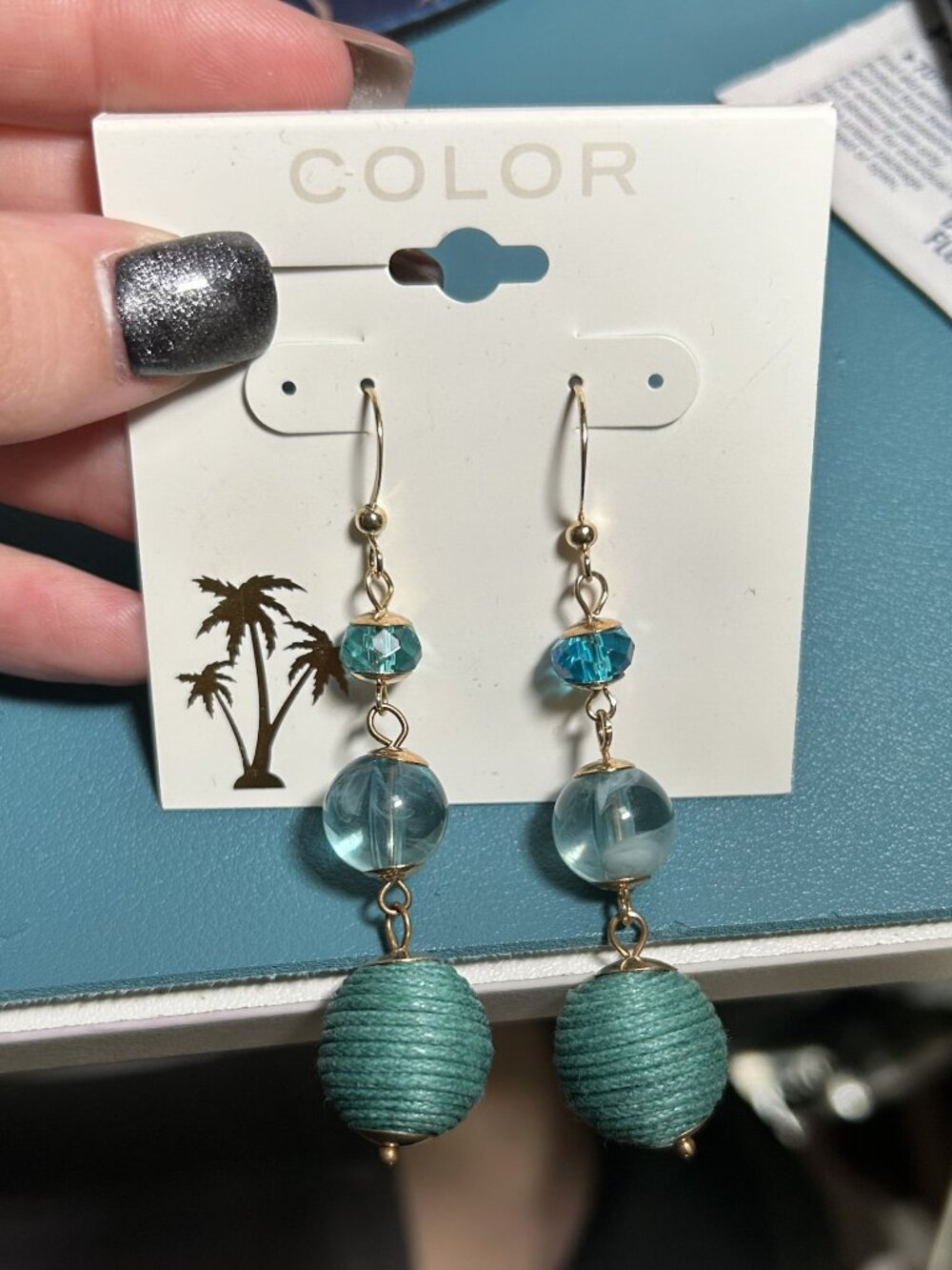 Color Boutique Teal Turquoise Beaded Drop Earrings Thread Wrapped Ball NWT